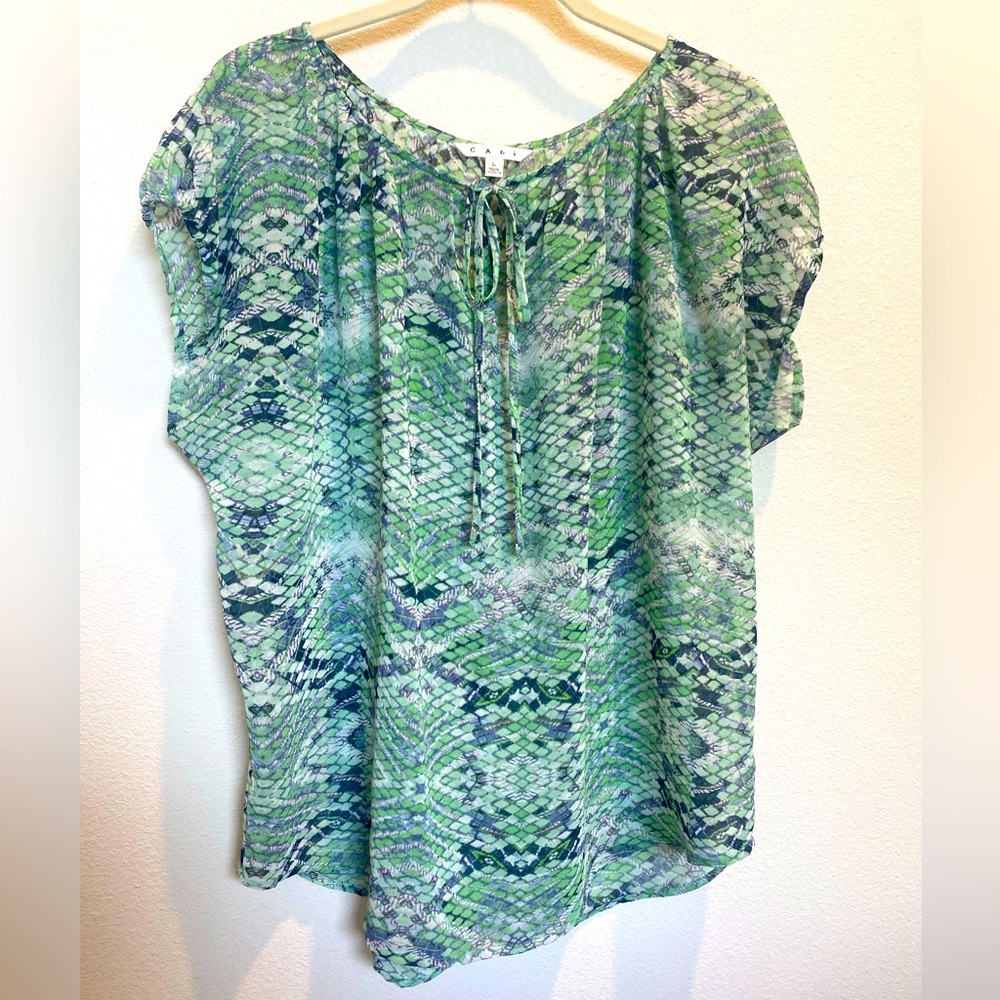 CAbi Darby Blouse Style #746 Size Large Green, white & navy Snakeskin print